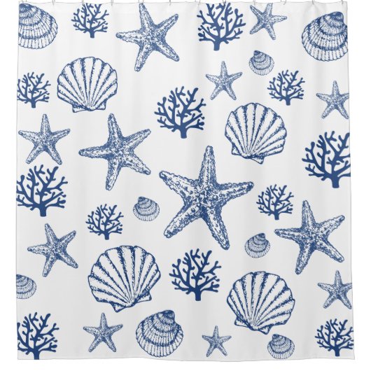 Douchegordijn Marine Blue Seashell Patroon (Voorkant)