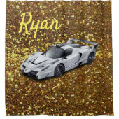 Douchegordijn Wit Raceauto Goud (Voorkant)