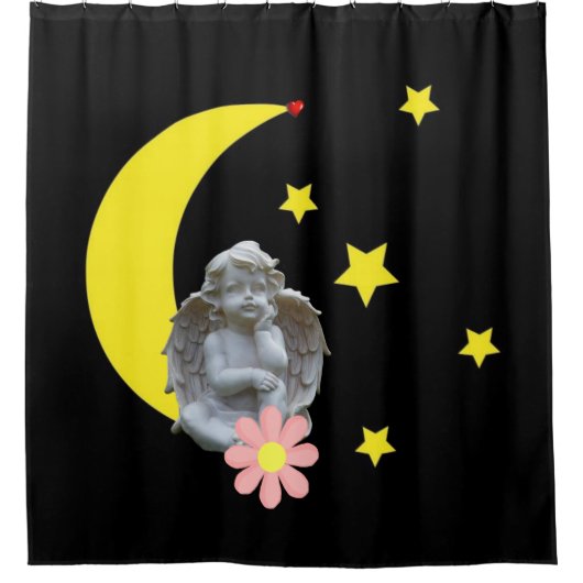Douchegordijn Zwart Geel Maan Sterren Engel (Voorkant)