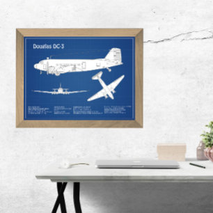 Douglas DC-3 - Vliegtuig Blauwdruk Tekenplan ABD Foto Afdruk