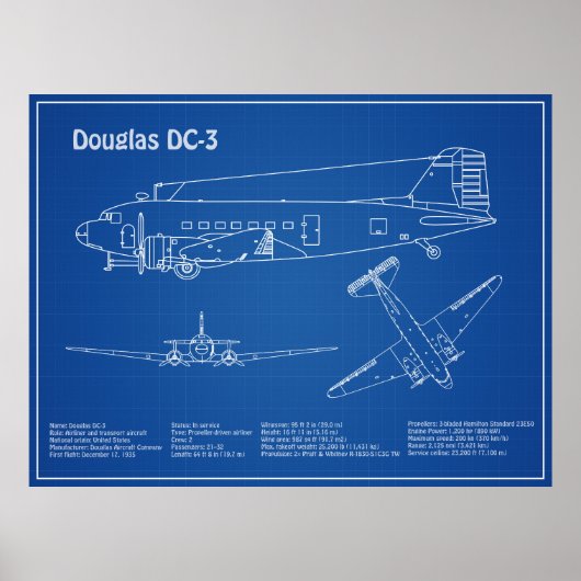 Douglas DC-3 - Vliegtuig Blauwdruk Tekenplannen AD Poster (Voorkant)