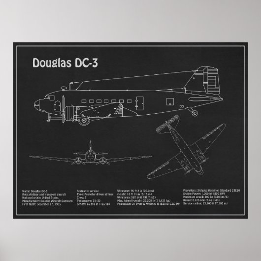 Douglas DC-3 - Vliegtuig Blauwdruk Tekenplannen PD Poster (Voorkant)