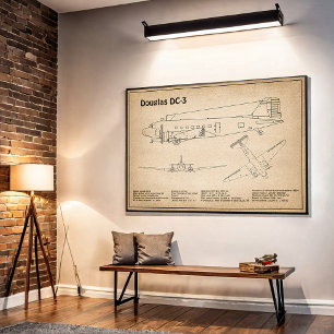 Douglas DC-3 - Vliegtuig Blauwdruk Tekenplannen SD Poster