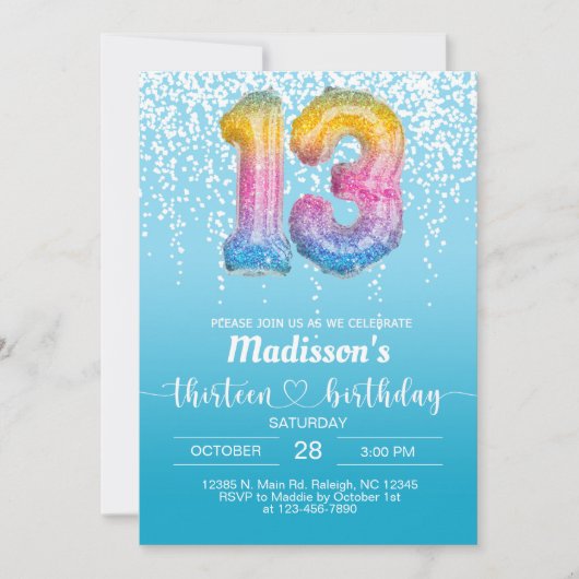 Doux 13 treize fille turquoise invitation d'annive (Devant)