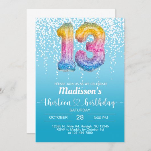 Doux 13 treize fille turquoise invitation d'annive (Devant / Derrière)