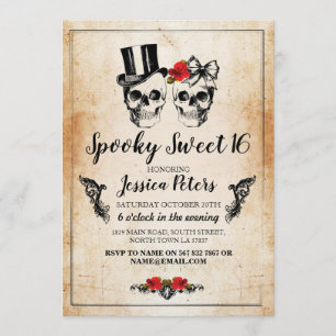 Doux 16 crânes Roses Halloween Invitation