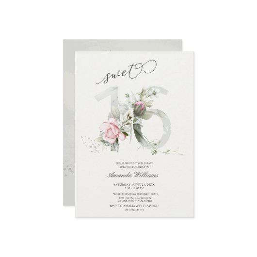 Doux 16 Gris Rose | Invitation romantique argent (Devant/Arrière en situation)