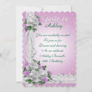 Doux 16 invitation roses blanches et dentelle rose