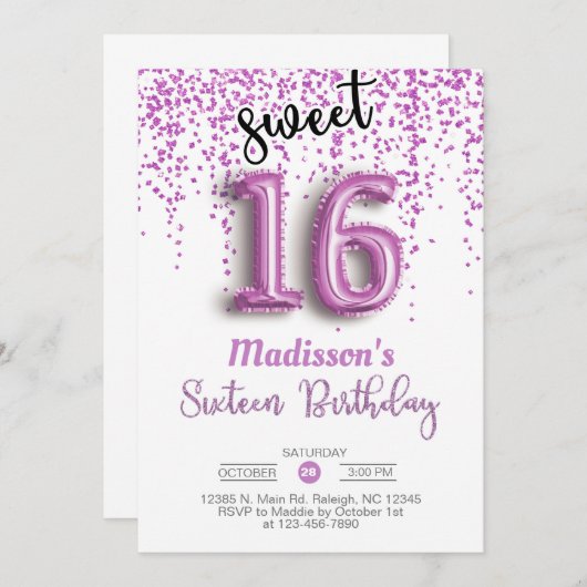 Doux 16 seize ballons violets invitation d'anniver (Devant / Derrière)
