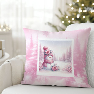 Doux bonhomme de neige rose Coussin Scène de Noël