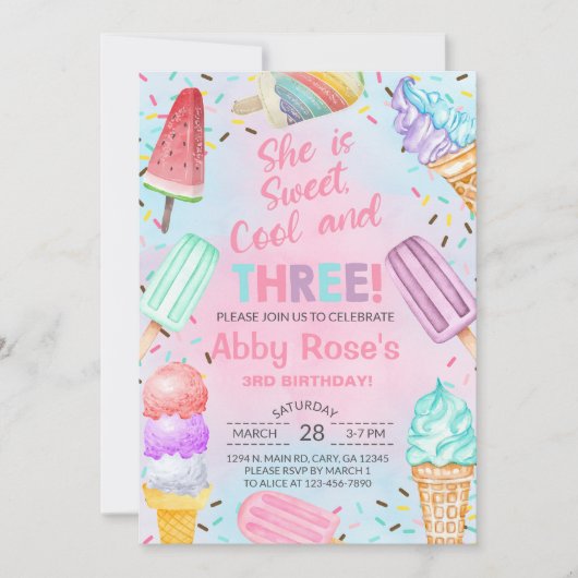Doux, cool et trois fille invitation d'anniversair (Devant)