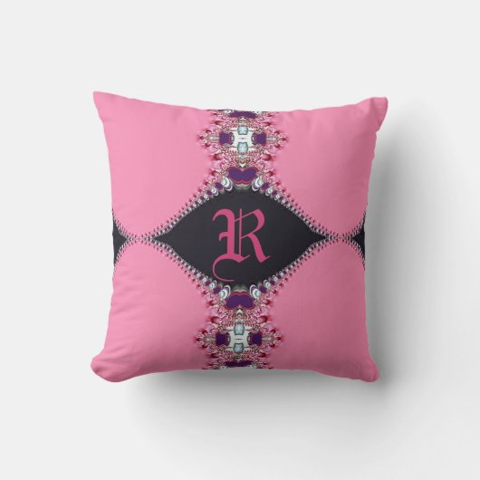 Doux coussin à monogramme de design rose lacy (Recto)
