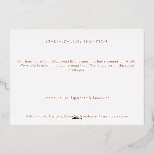 Doux faire-part de naissance à huile à fleur pêche (Verso)