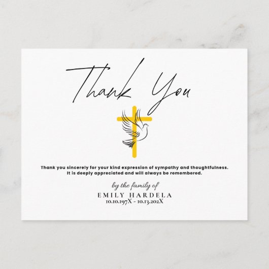 Dove and Cross Funeral Simple Script Bedankt Kaart (Achterkant)