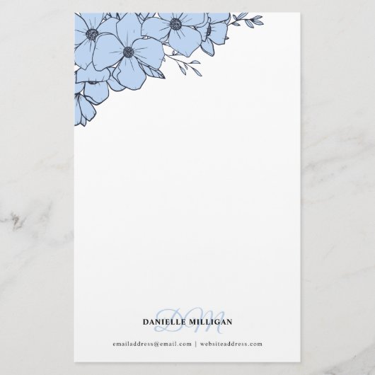 Dove Blue Bloemen Naam Monogram Website Briefpapier (Voorkant)