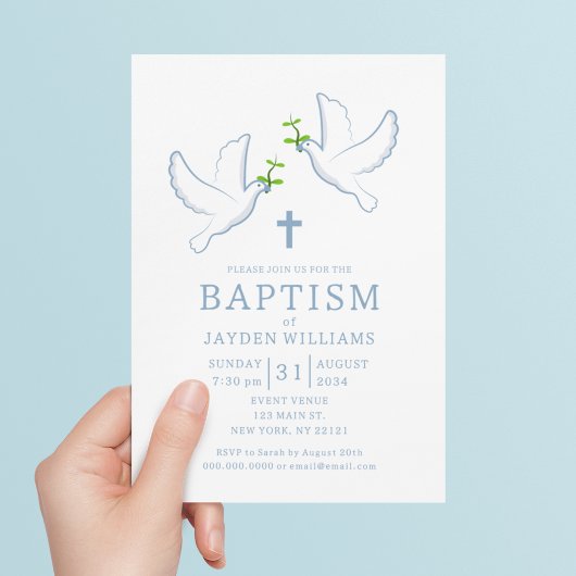 Dove Blue Boy Baptism Invitation Kaart