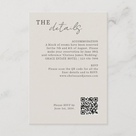 Dove Gray | Chic Minimal Wedding QR-code Informatiekaartje (Voorkant)