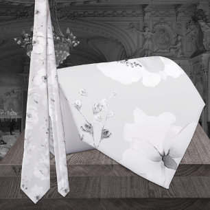 Dove Grey sur White Garden Peony Mariage Cravate