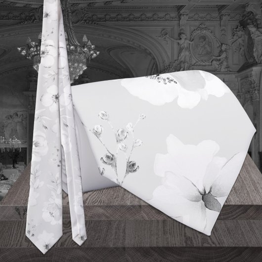 Dove Grey sur White Garden Peony Mariage Cravate