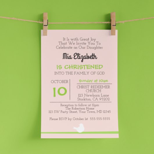 Dove on Branch Pink Christening Invitation