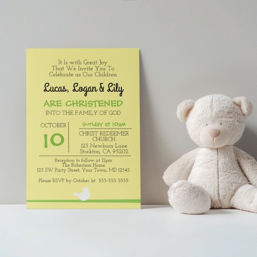 Dove on Branch Yellow Christening Invitation