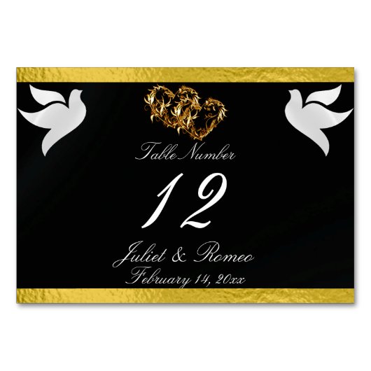 Doves et Coeur - Noir/Or Numéro de table (Devant)