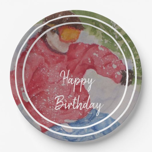 Down Hill skiër Gelukkig Verjaardagsfeest Papieren Bordje (Voorkant)