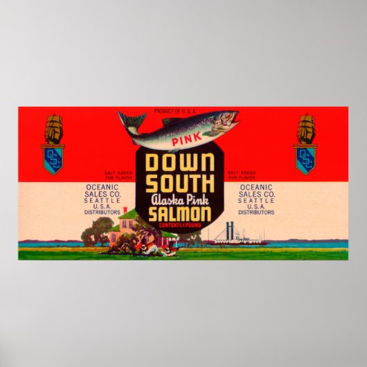 Down South Brand Salmon Label - Seattle, WA Poster (Voorkant)
