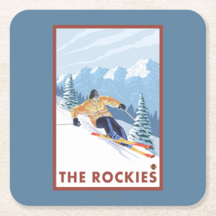 Downhhill Snow Skier - The Rockies Vierkante Kartonnen Onderzetter