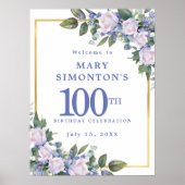 Downloadbare Blauw Wit Bloemen 100e Verjaardag Poster (Voorkant)