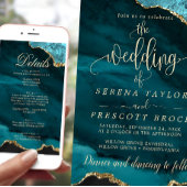 Downloadbare Blue Emerald Gold bruiloft uitnodigin Kaart