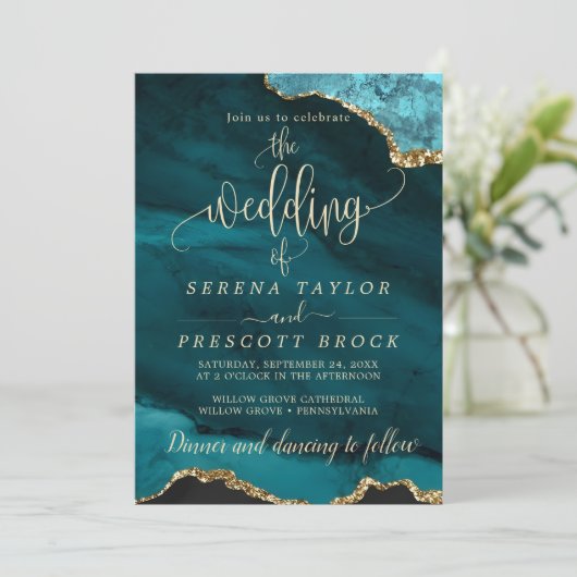 Downloadbare Blue Emerald Gold bruiloft uitnodigin Kaart (Staand voorkant)