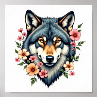 Downloadbare Floral Wolf muurkunst Poster