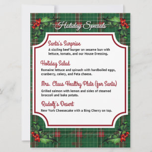 Downloadbare Green Plaid Holiday Specials Menu