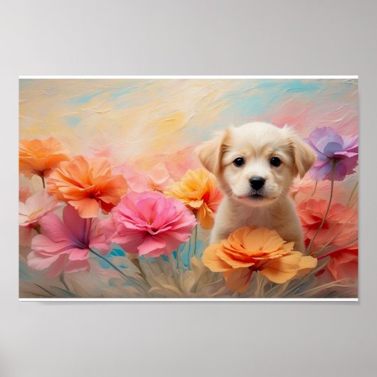 Downloadbare puppy omringd door pastelbloemen poster (Voorkant)