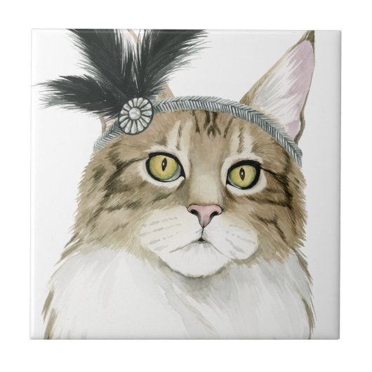 Downton Cat | Met veren verrijkt Tegeltje (Voorkant)