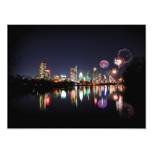 Downtown Austin Texas Night Skyline Fireworks Foto Afdruk (Voorkant)