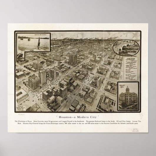 Downtown Houston Texas 1912 Antiek Panoramic Map Poster (Voorkant)