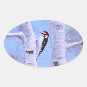 Downy Woodpecker Painting - Oorspronkelijke vogelk Ovale Sticker