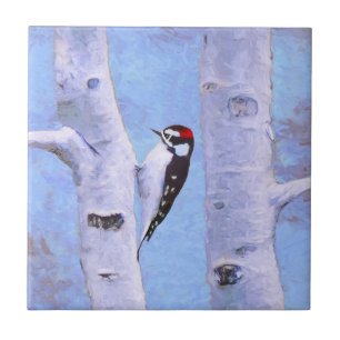 Downy Woodpecker Painting - Oorspronkelijke vogelk Tegeltje
