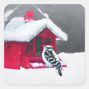 Downy Woodpecker Painting - Oorspronkelijke vogelk Vierkante Sticker