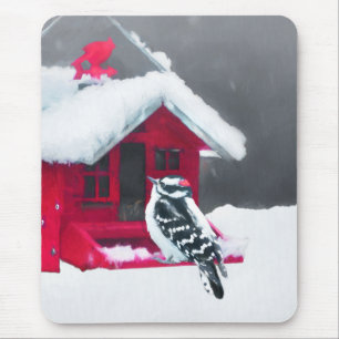 Downy Woodpecker Schilderij - Originele Vogel Kuns Muismat
