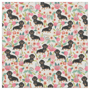 Doxie Floral Fabric - zwart en tan doxie - crème Stof