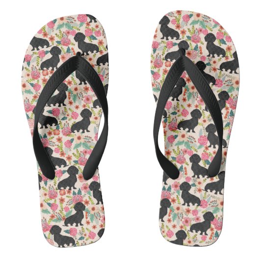 Doxie Florals Teenslippers - zwarte doxie - crème (Voetbed)