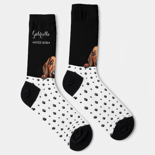 Doxie Teckel Dog Paw Print Zwart Wit Custom Sokken (Rechts)