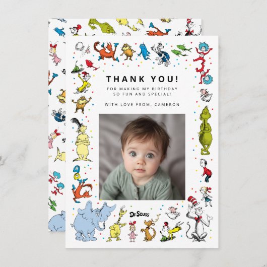 Dr. Seuss Karakter Confetti | Verjaardag kinderen Bedankkaart (Voorkant / Achterkant)