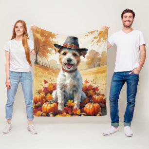 Draad Fox Terrier in herfstbladeren Thanksgiving K Fleece Deken
