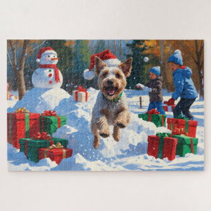 Draad Fox Terrier loopt door de sneeuw met Kerstmu Legpuzzel