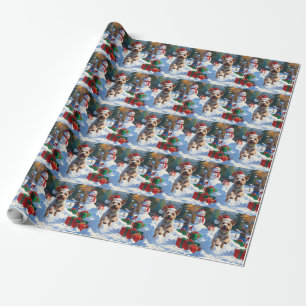Draad Fox Terrier loopt door sneeuw met Kerstmuts Cadeaupapier