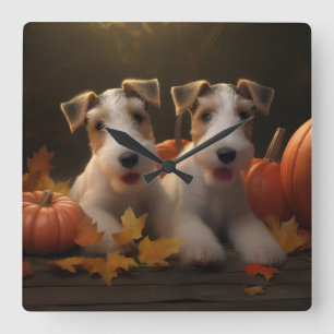 Draad Fox Terrier Puppy Autumn Delight Pompoen Vierkante Klok